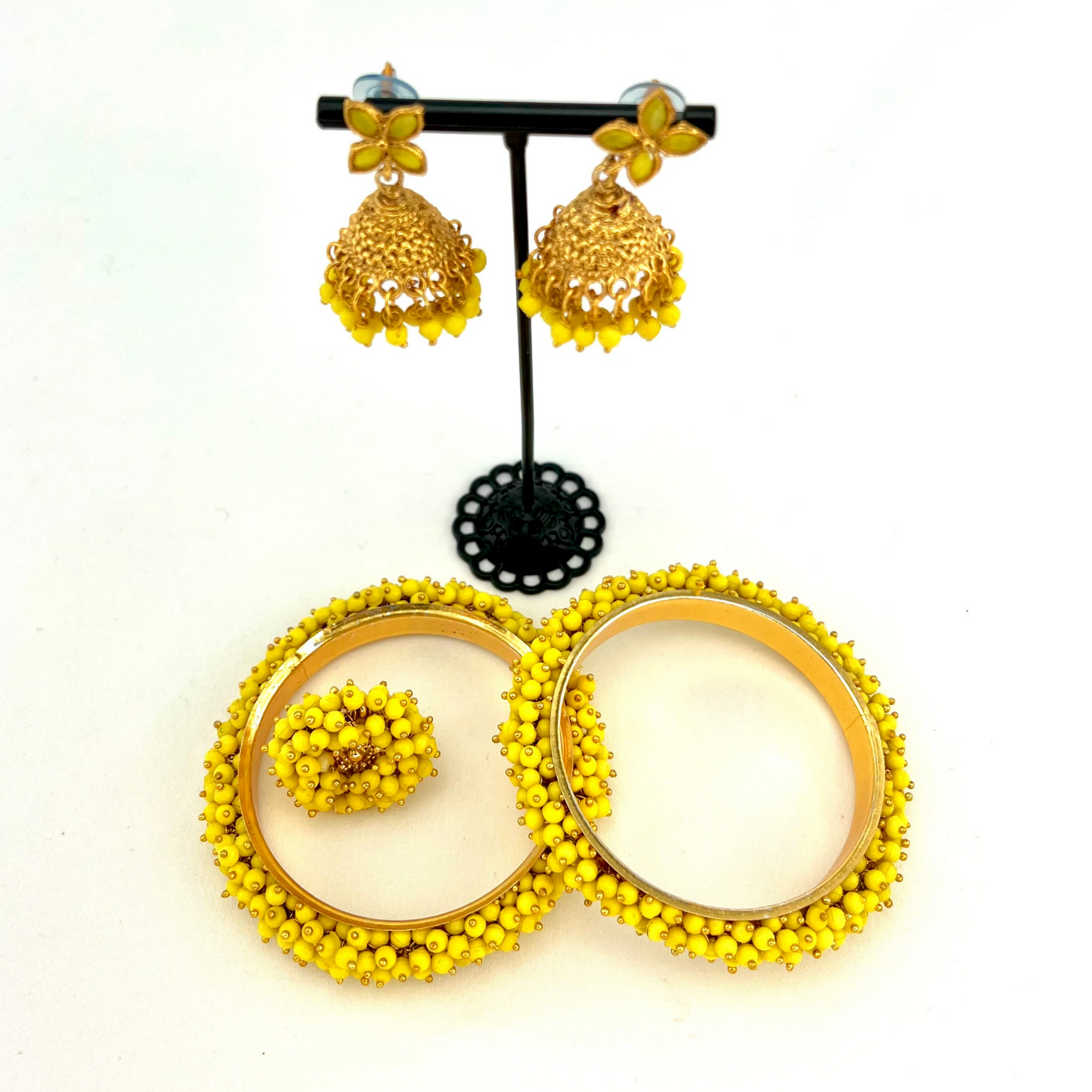 Necklace set with small yellow beads. Set includes necklace, earrings, ring & bangle. Prefect for Indian parties, weddings and special occasions. Latest 2022 fashion.