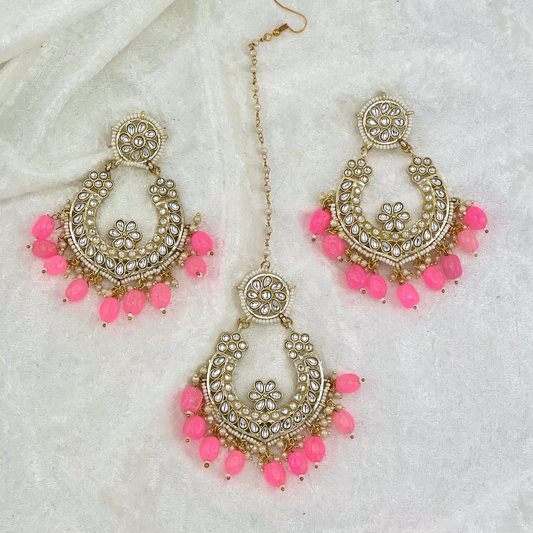 Tikka & Earring Set in pink with high quality beads, peals and stones