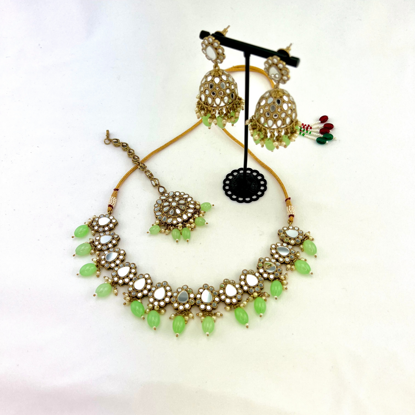Mirror Necklace set with green beads. Set includes necklace, tikka and earrings. Prefect for Indian parties, weddings and special occasions. Latest 2022 fashion