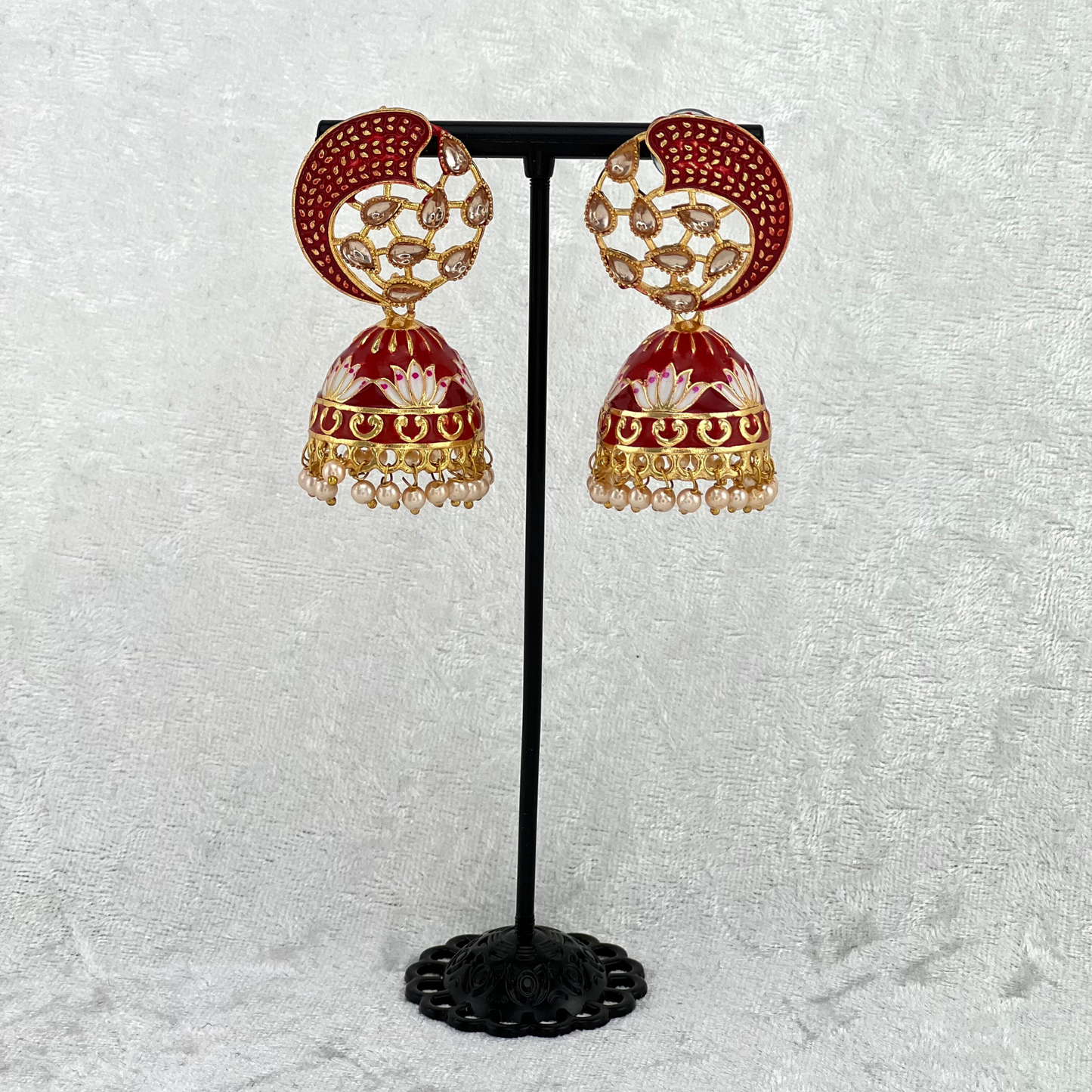 Jhumka Earrings in red with pearls, Indian wedding jewellery, perfect for Indian weddings, parties and special occasions