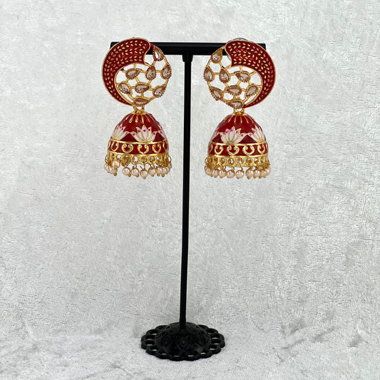 Jhumka Earrings in red with pearls, Indian wedding jewellery, perfect for Indian weddings, parties and special occasions