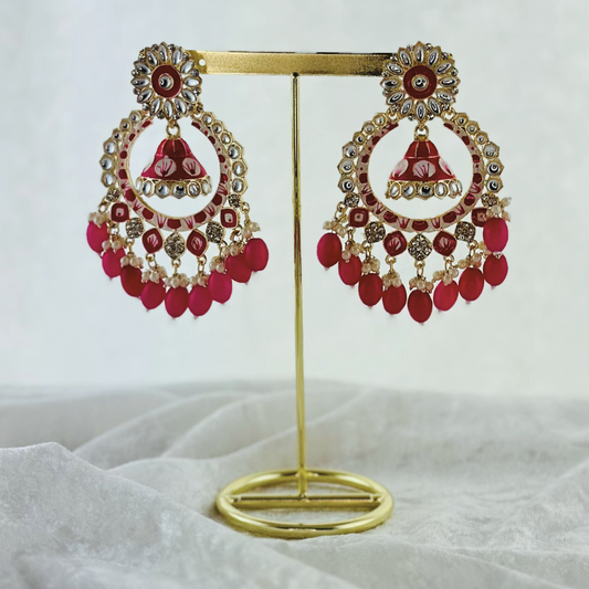High quality hand painted hot pink earrings with beads. Latest 2023 fashion, prefect for Indian weddings, parties & special occasions.
