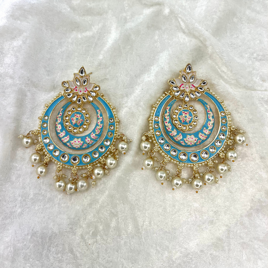 Large Indian Wedding Earrings in Baby Blue with pearls