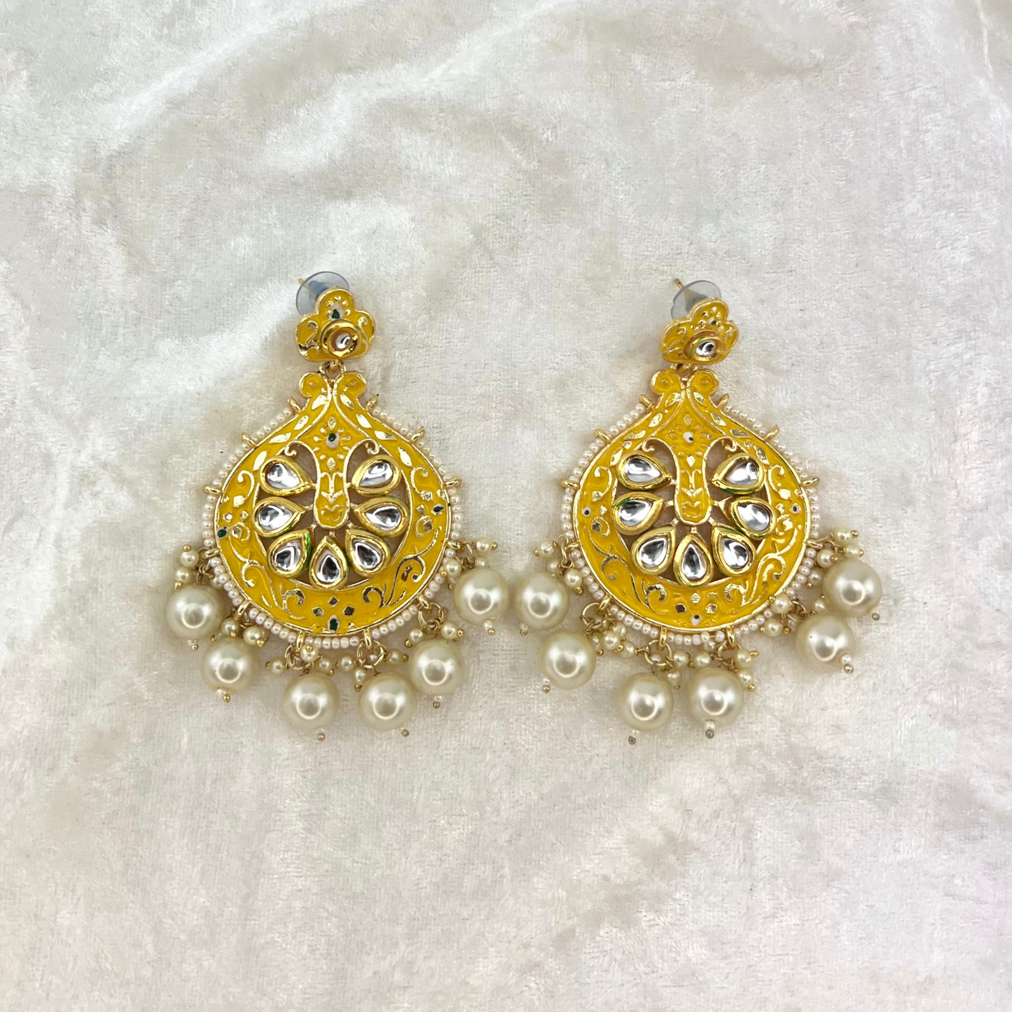 Indian fashion earring, hand painted pearls in Yellow colour. Indian wedding jewellery