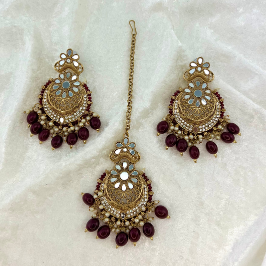 Mirror Tikka & Earring set in Burgundy, high quality stones and beads