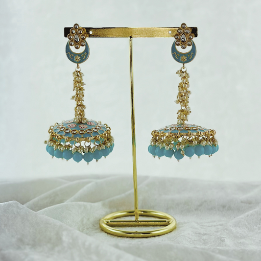 High quality hand painted baby blue jhumka earrings with beads. Latest 2023 fashion, prefect for Indian weddings, parties & special occasions