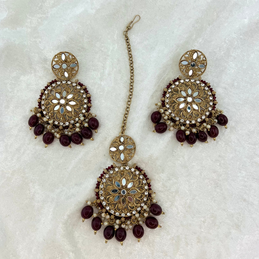 Mirror Tikka & Earring Set in Burgundy, high quality mirrors, stones and beads