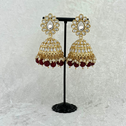 jhumka earrings in Burgundy with stones, pearls & beads, indian wedding jewellery prefect for weddings, parties and special occasions. 2022 fashion