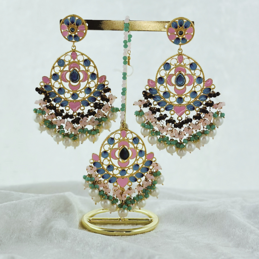 Tikka & earring set in blue, baby pink & navy. High quality beads, pearls and stone work. Latest 2023 fashion for weddings, parties and special occasions