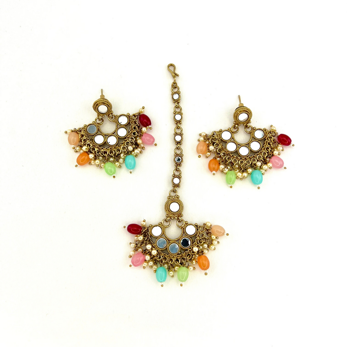 Mirror necklace set with multi colour beads and small pearls. Set includes necklace, tikka and earrings. Prefect for Indian parties, weddings and special occasions. Latest 2022 fashion