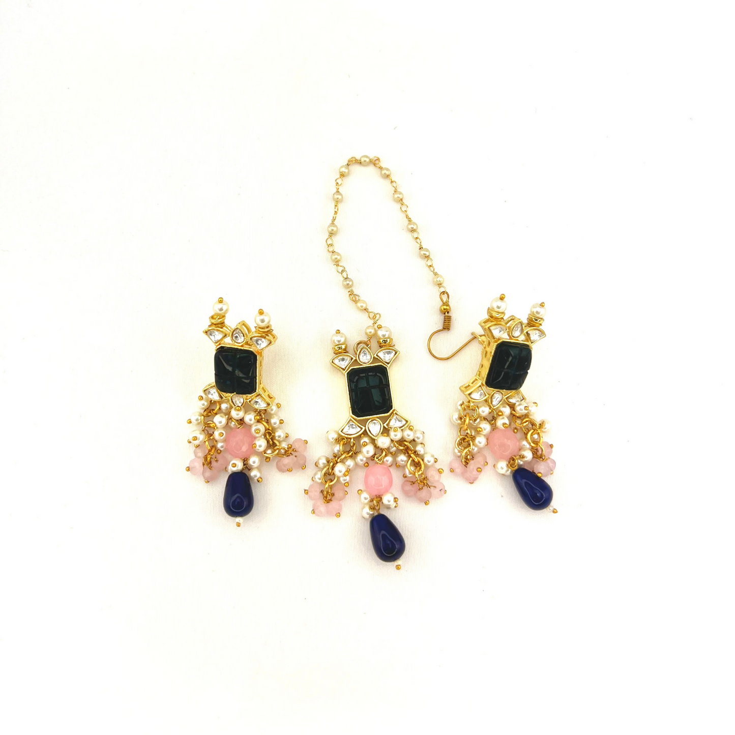 Choker set with with navy blue, clear stones and pink, navy blue beads, Set includes choker, tikka and earrings. Prefect for Indian weddings, parties and special occasions. Latest 2022 fashion. High end Indian fashion jewellery with top quality stones and beads.