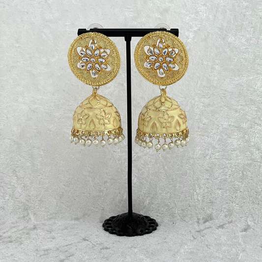 Jhumka Earrings in cream colour High quality hand painted earrings with pearls. Latest 2022 fashion, prefect for Indian weddings, parties & special occasions.