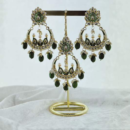 Tikka & Earring Set in forest green. High quality beads, pearls and stone work. Latest 2023 fashion for weddings, parties and special occasions