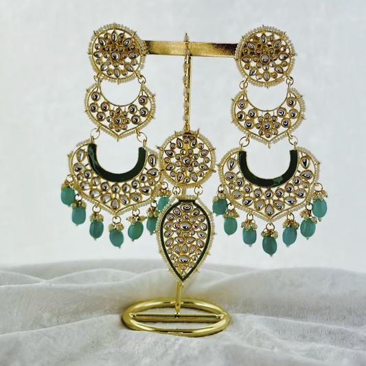 Tikka & Earring Set in turquoise. High quality beads, pearls and stone work. Latest 2023 fashion for weddings, parties and special occasions