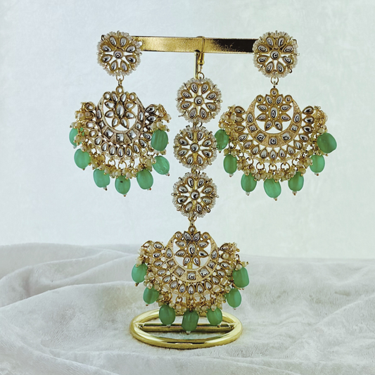 Tikka & earring set in green. High quality beads, pearls and stone work. Latest 2023 fashion for weddings, parties and special occasions