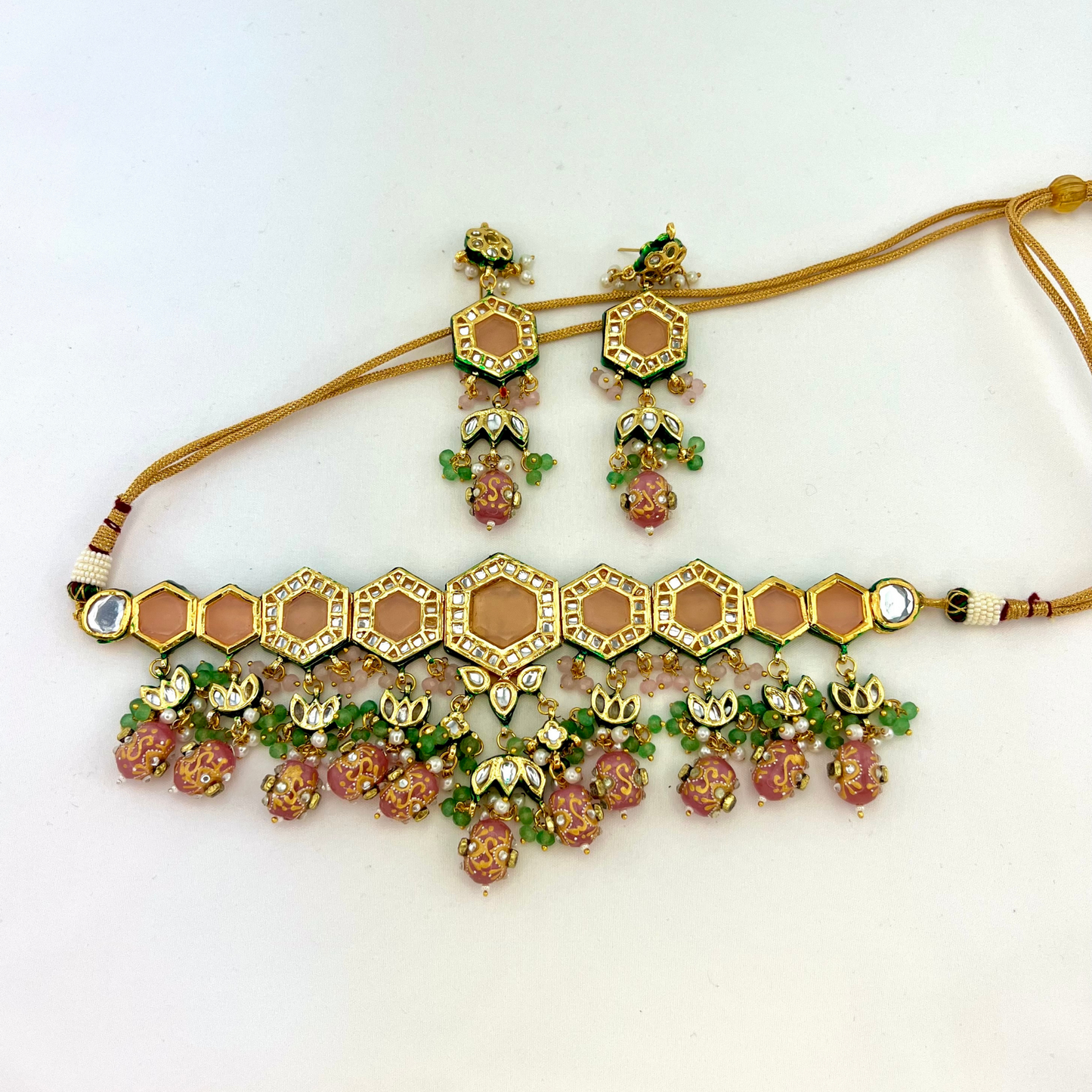 Choker set with pink, green and white beads. Set includes necklace & earrings. Prefect for Indian weddings, parties and special occasions. Latest 2022 fashion.