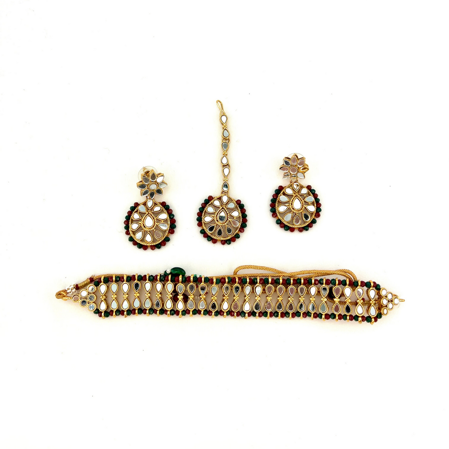 Mirror choker set with multi colour beads. Set includes necklace, tikka and earrings. Prefect for Indian parties, weddings and special occasions. Latest 2022 fashion