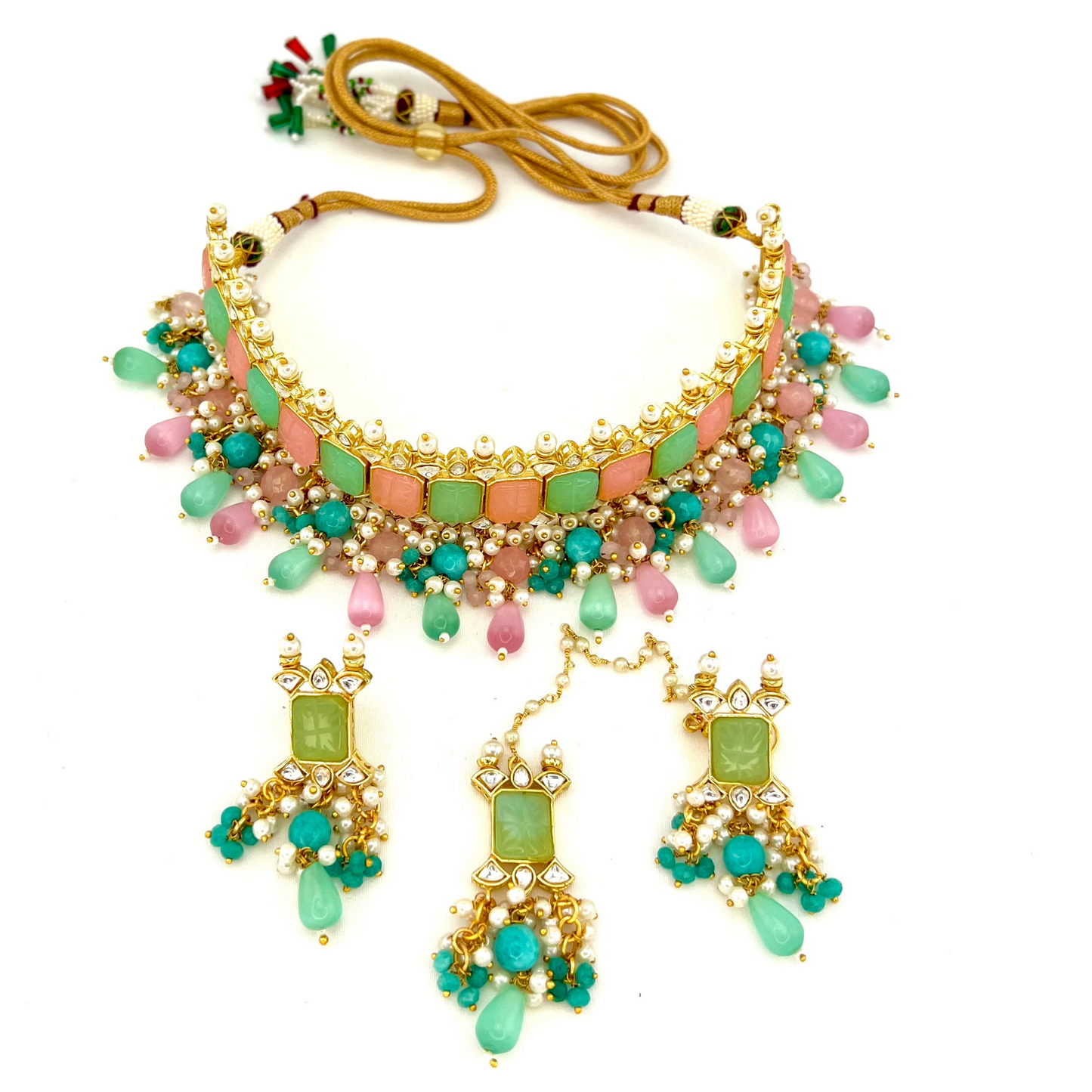 Choker set with with pink, green, clear stones and green, pink and blue beads. Set includes choker, tikka and earrings. Prefect for Indian weddings, parties and special occasions. Latest 2022 fashion. High end Indian fashion jewellery with top quality stones and beads.