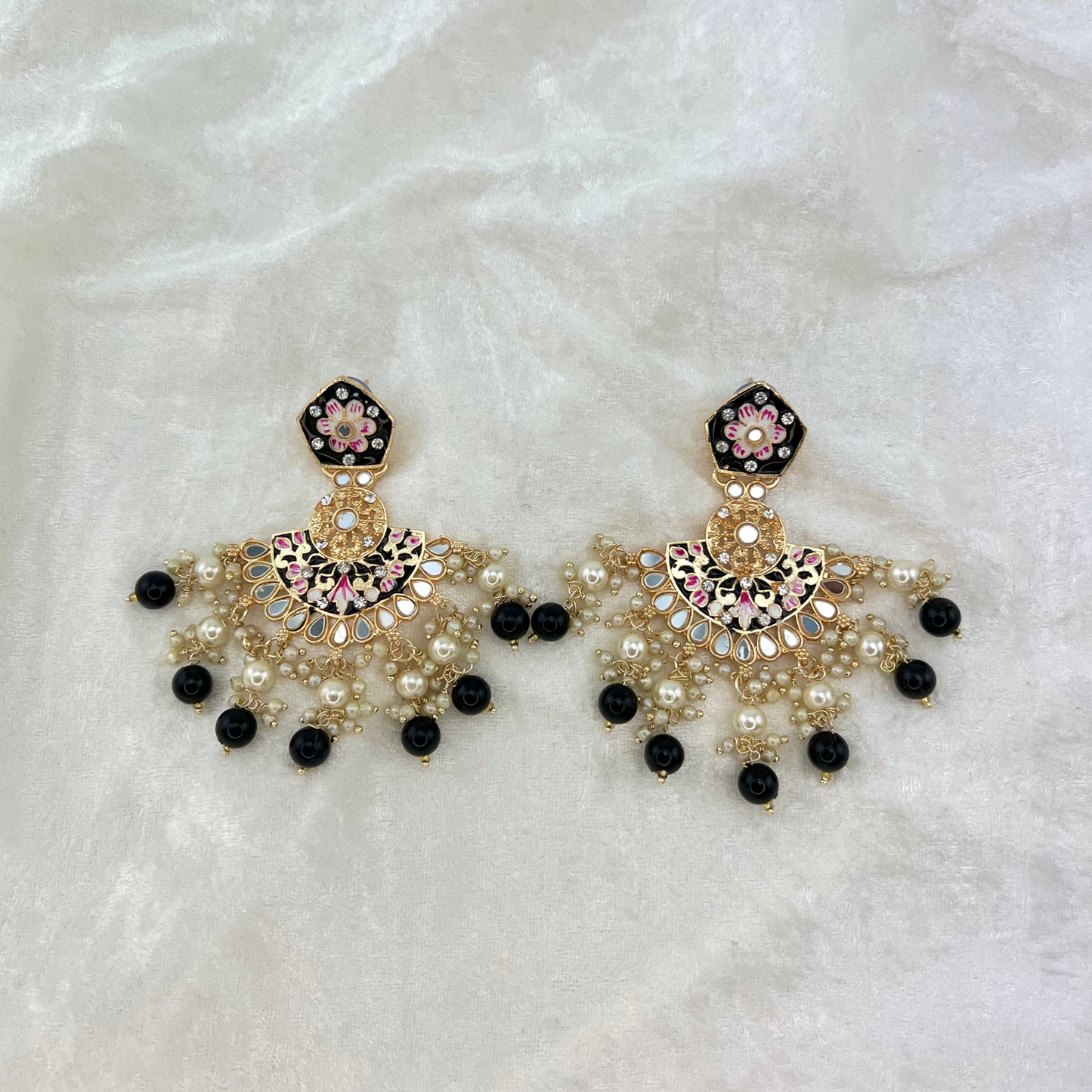 High quality hand painted earrings in Black with pearls, beads, mirrors and stone work. Latest 2022 indian jewellery for weddings, parties and special occasions.