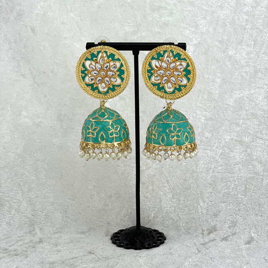 Jhumka Earrings in turquoise colour High quality hand painted earrings with pearls. Latest 2022 fashion, prefect for Indian weddings, parties & special occasions.