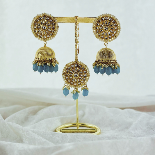Tikka & earring set in blue. High quality beads, pearls and stone work. Latest 2023 fashion for weddings, parties and special occasions