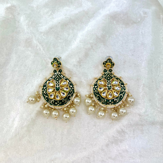 Indian fashion earring, hand painted pearls in Forrest Green colour. Indian wedding jewellery