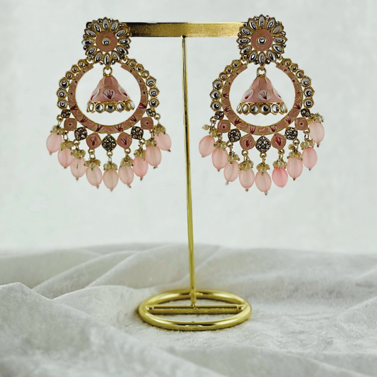 High quality hand painted baby pink earrings with beads. Latest 2023 fashion, prefect for Indian weddings, parties & special occasions.