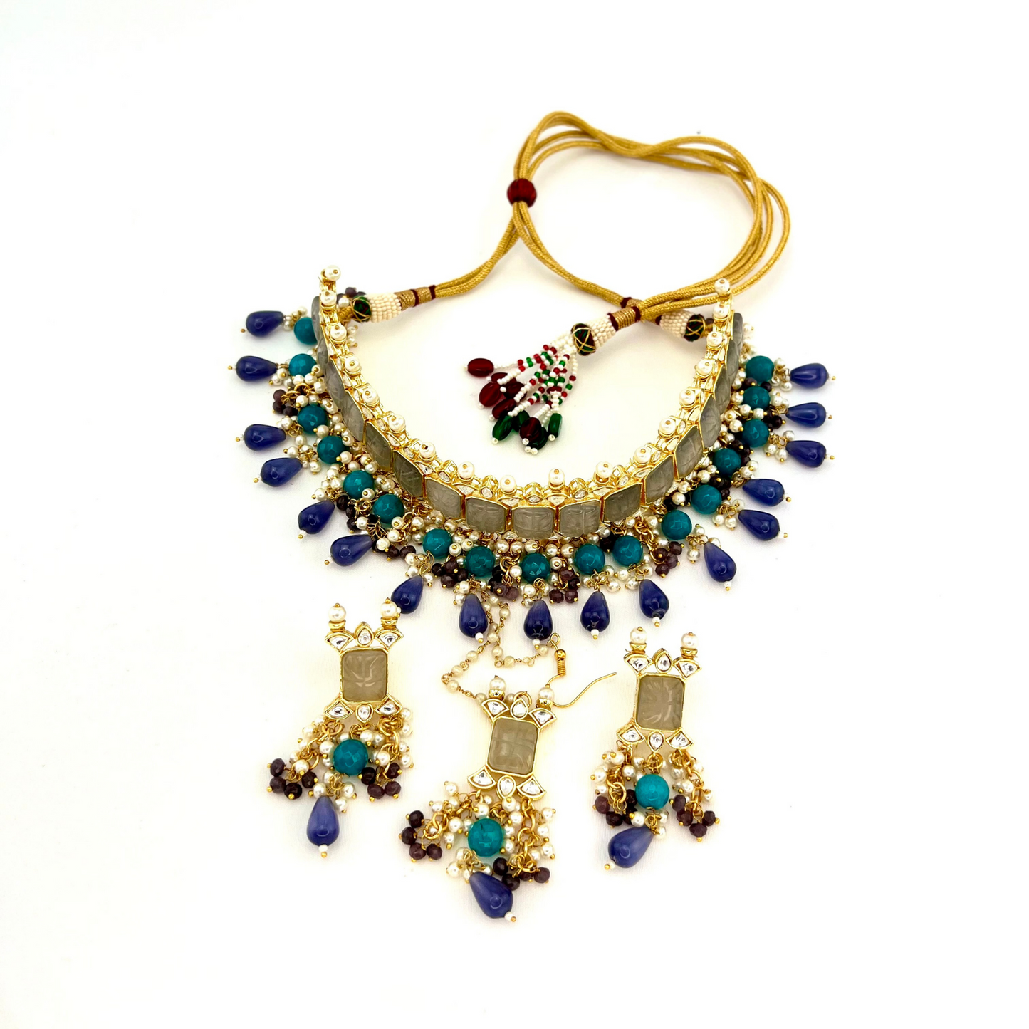 Choker set with with grey, clear stones and blue, purple beads, Set includes choker, tikka and earrings. Prefect for Indian weddings, parties and special occasions. Latest 2022 fashion. High end Indian fashion jewellery with top quality stones and beads.