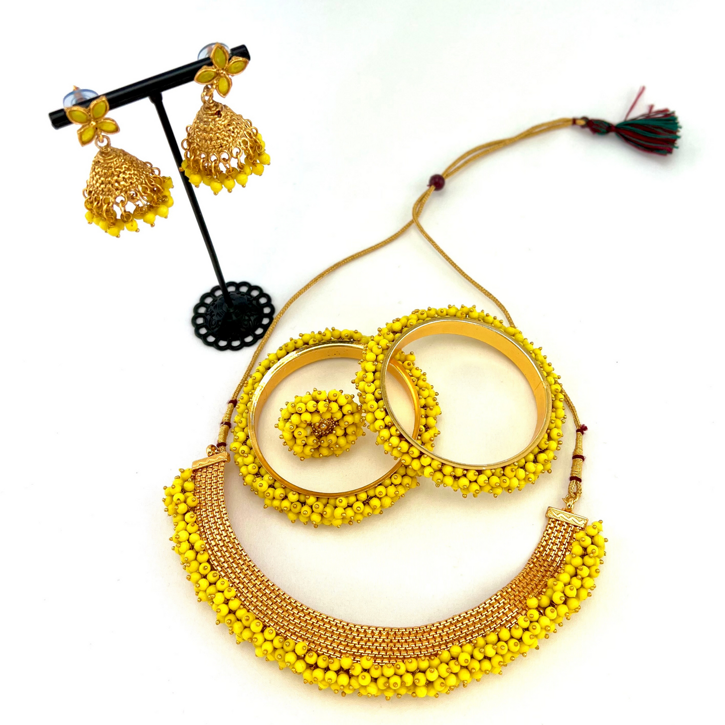 Necklace set with small yellow beads. Set includes necklace, earrings, ring & bangle. Prefect for Indian parties, weddings and special occasions. Latest 2022 fashion.