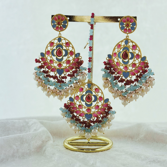 Tikka & earring set in pink, blue & hot pink. High quality beads, pearls and stone work. Latest 2023 fashion for weddings, parties and special occasions
