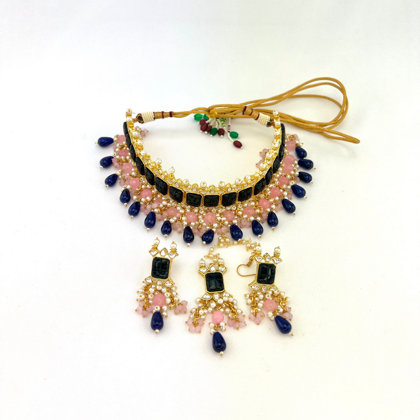 Choker set with with navy blue, clear stones and pink, navy blue beads, Set includes choker, tikka and earrings. Prefect for Indian weddings, parties and special occasions. Latest 2022 fashion. High end Indian fashion jewellery with top quality stones and beads.
