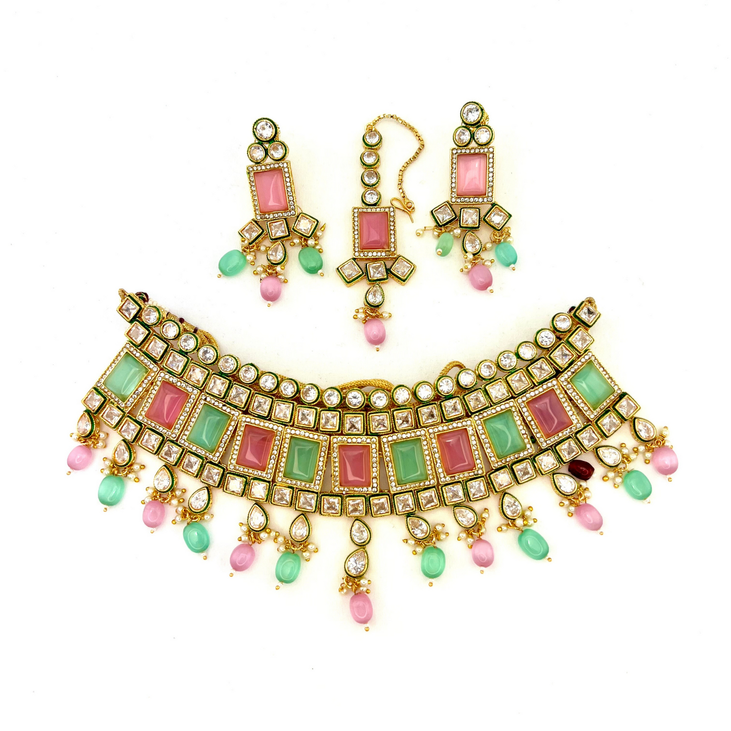 Necklace set with green, pink and clear stones and green and pink beads. Set includes necklace, tikka and earrings. Prefect for Indian weddings, parties and special occasions. Latest 2022 fashion. High end Indian fashion jewellery with top quality stones and beads.