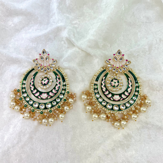Large Indian Wedding Earrings in Forrest Green with pearls