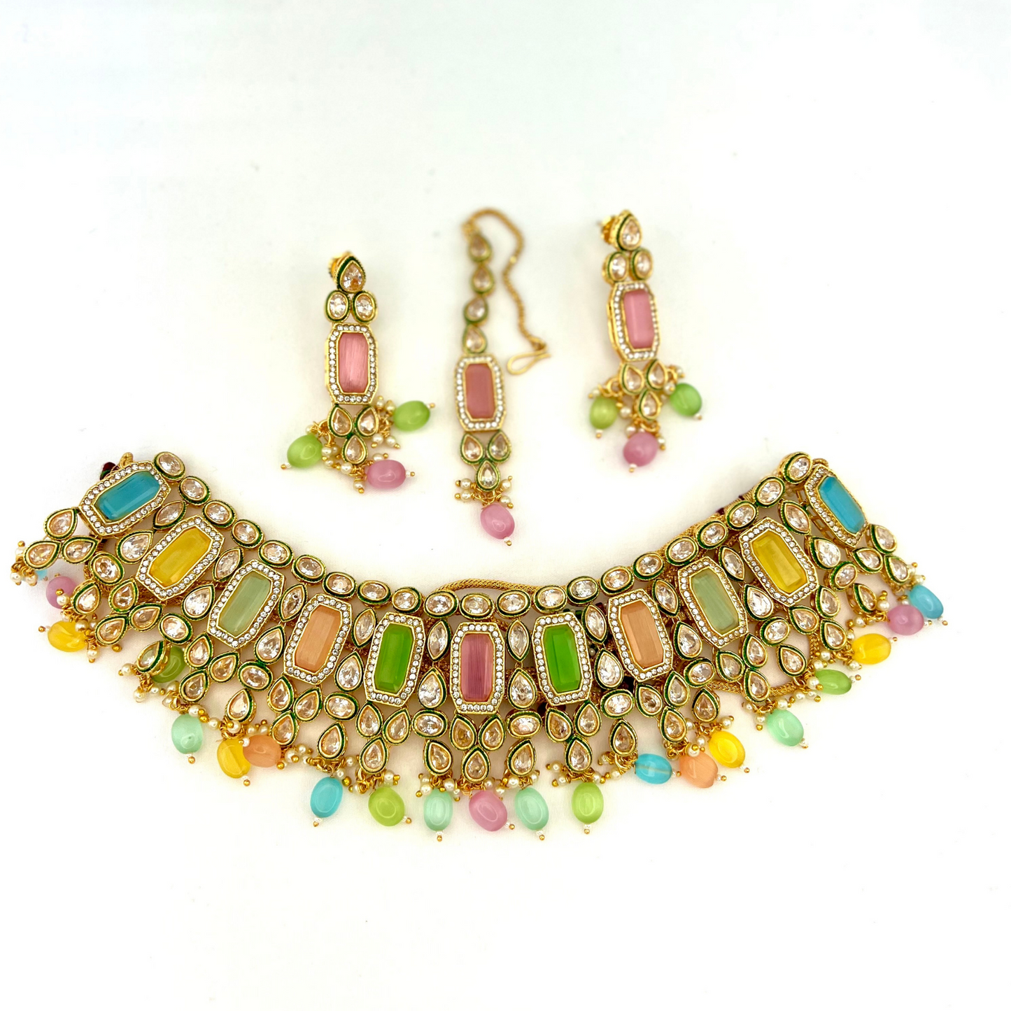 Necklace set with multi colour beads and stones. Set includes necklace, tikka and earrings. Prefect for Indian weddings, parties and special occasions. Latest 2022 fashion. High end Indian fashion jewellery with top quality stones and beads.