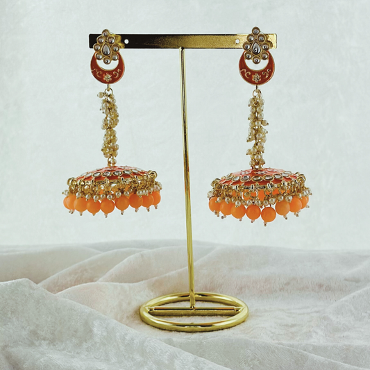 High quality hand painted peach jhumka earrings with beads. Latest 2023 fashion, prefect for Indian weddings, parties & special occasions