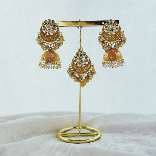 Tikka & Earring Set in yellow. High quality beads, pearls and stone work. Latest 2023 fashion for weddings, parties and special occasions