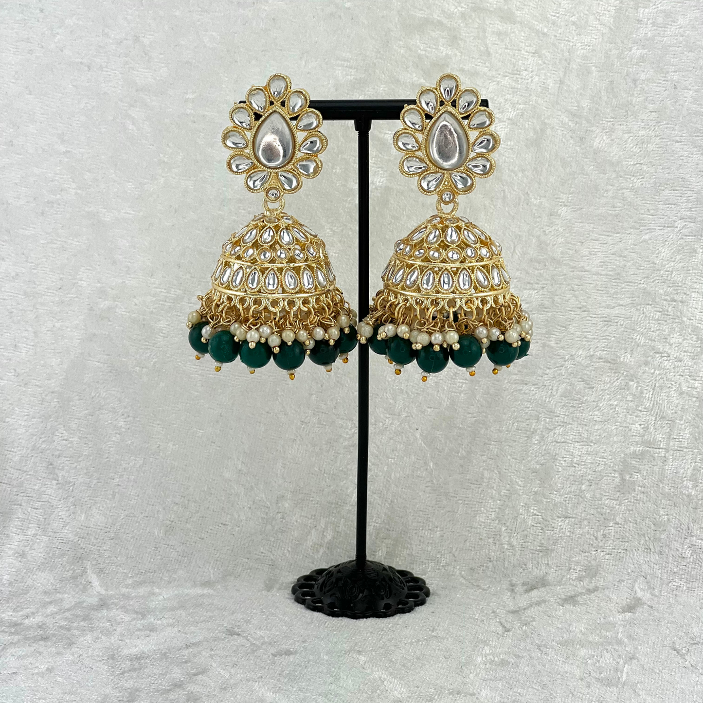 jhumka earrings in forest green with stones, pearls & beads, indian wedding jewellery prefect for weddings, parties and special occasions. 2022 fashion