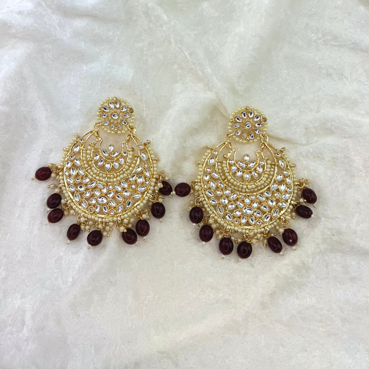 Indian wedding jewellery - large earrinfs with high quality stones and beads in burgundy