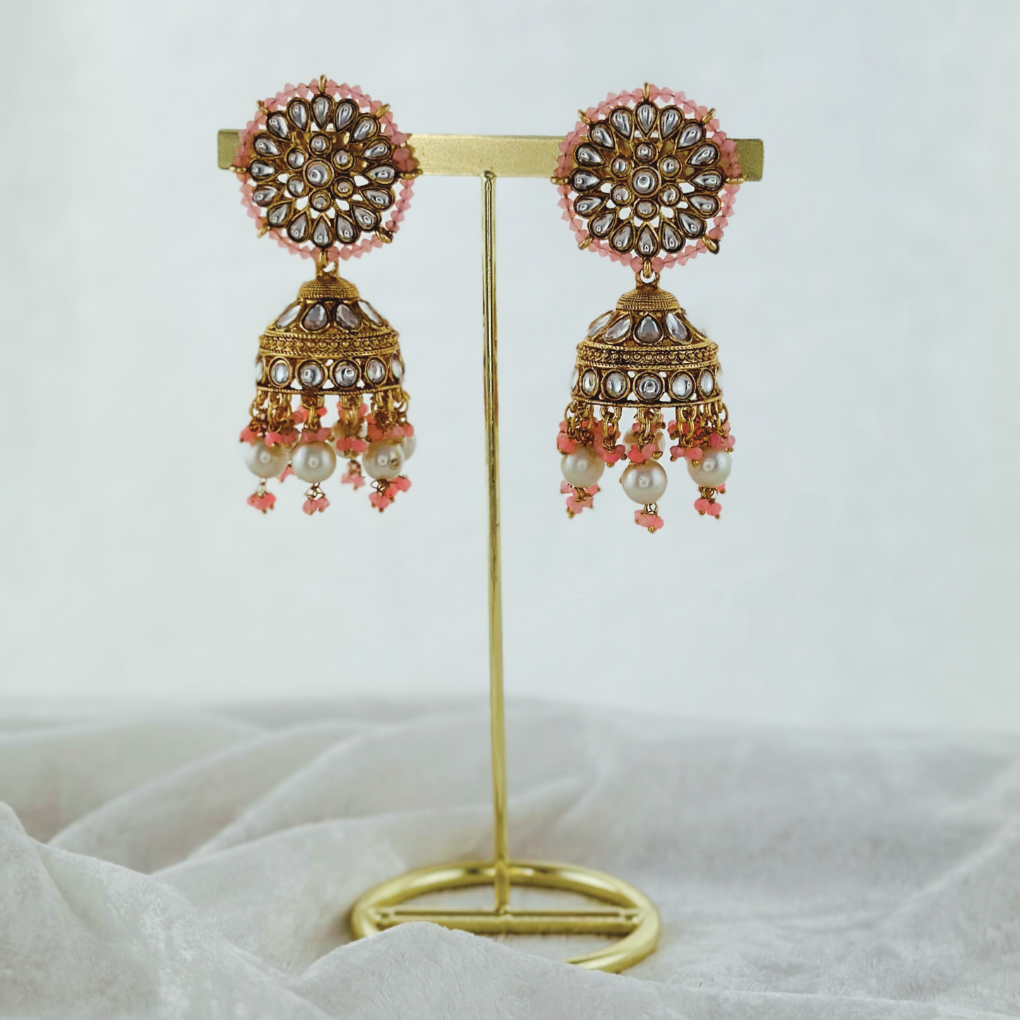 High quality baby pink jhumka earrings with beads. Latest 2023 fashion, prefect for Indian weddings, parties & special occasions
