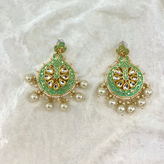 Indian fashion earring, hand painted pearls in Mint Green colour. Indian wedding jewellery