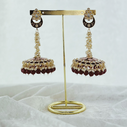 High quality hand painted maroon jhumka earrings with beads. Latest 2023 fashion, prefect for Indian weddings, parties & special occasions