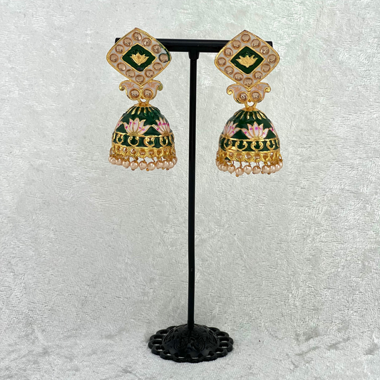 Jhumka Earring in forest green, Indian wedding jewellery prefect for indian weddings, parties and special occasions. Latest 2022 fashion