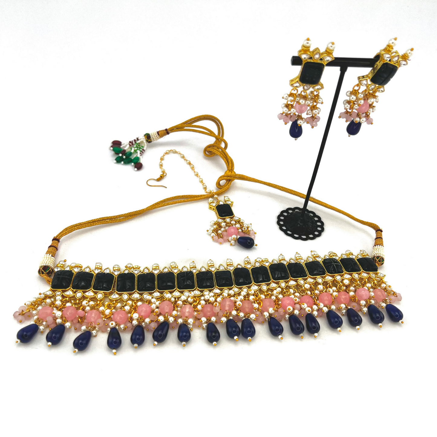 Choker set with with navy blue, clear stones and pink, navy blue beads, Set includes choker, tikka and earrings. Prefect for Indian weddings, parties and special occasions. Latest 2022 fashion. High end Indian fashion jewellery with top quality stones and beads.
