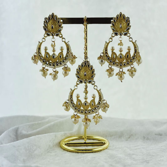 Tikka & Earring Set in cream. High quality beads, pearls and stone work. Latest 2023 fashion for weddings, parties and special occasions