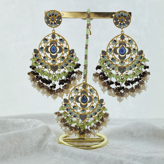 Tikka & earring set in pink, green, navy & grey. High quality beads, pearls and stone work. Latest 2023 fashion for weddings, parties and special occasions