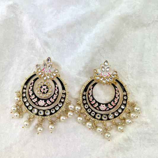 Large Indian Wedding Earrings in Black with pearls