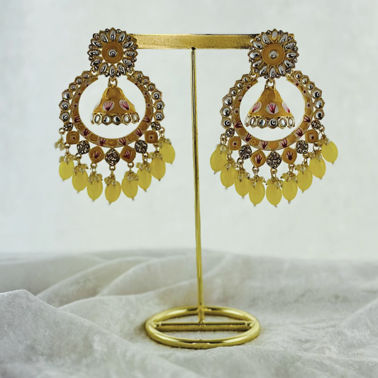 High quality hand painted yellow earrings with beads. Latest 2023 fashion, prefect for Indian weddings, parties & special occasions.