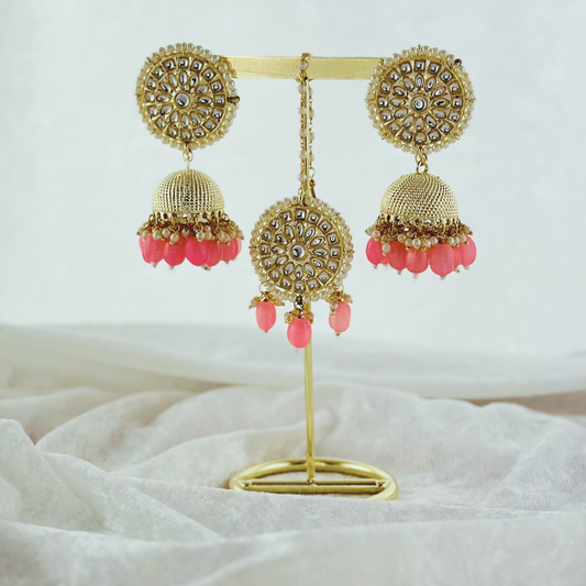 Tikka & earring set in pink. High quality beads, pearls and stone work. Latest 2023 fashion for weddings, parties and special occasions