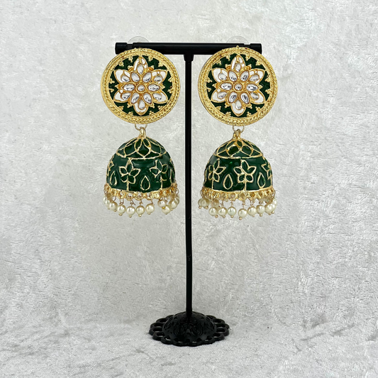 Jhumka Earrings in Forest green colour High quality hand painted earrings with pearls. Latest 2022 fashion, prefect for Indian weddings, parties & special occasions.