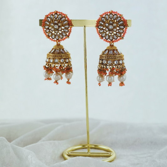 High quality peach jhumka earrings with beads. Latest 2023 fashion, prefect for Indian weddings, parties & special occasions
